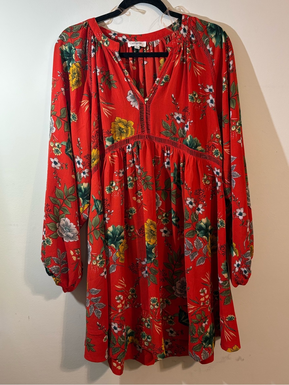 Umgee dress women’s large red floral long balloon sleeves v-neck babydoll tunic - Picture 2 of 12
